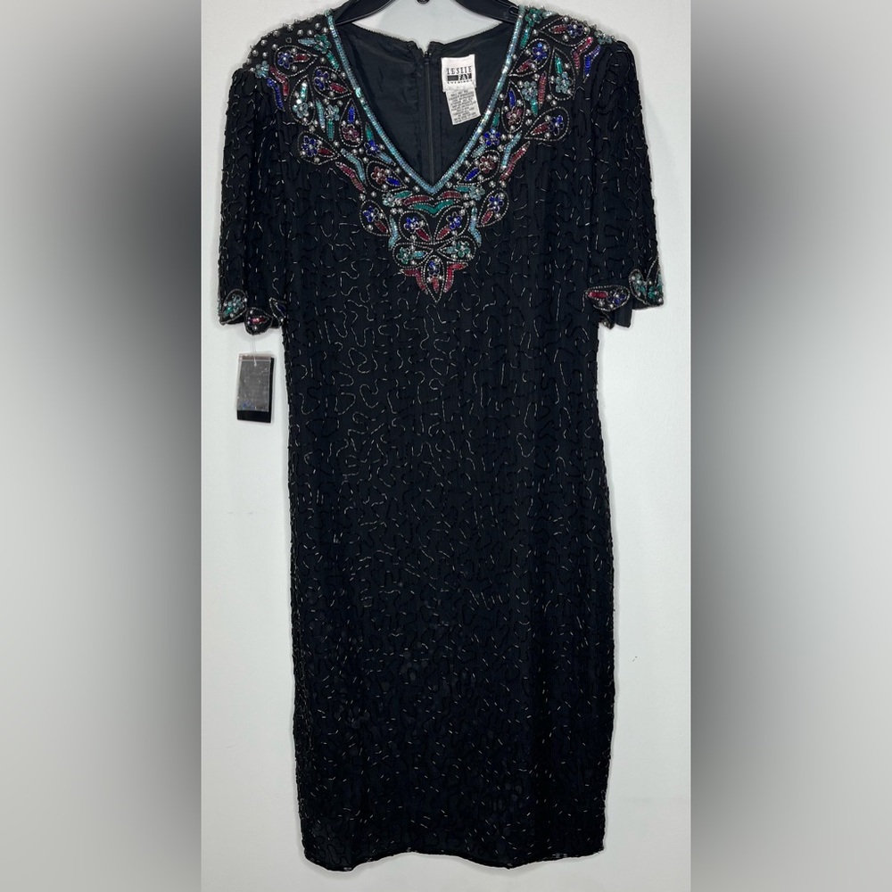 Leslie Fay Evenings Beaded Black Embroidered Cocktail Dress